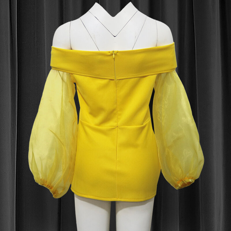 Blusa feminina retalhos manga transparente peplum sexy ombro de fora amarelo outono primavera