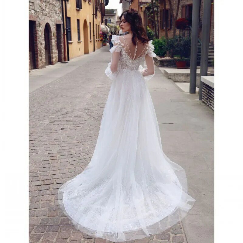 Thinyfull New Arrival Long Puffy Sleeve Pearls Button Wedding Dresses A Line Sheer Scoop Neck Tulle Lace Appliques Bridal Gown