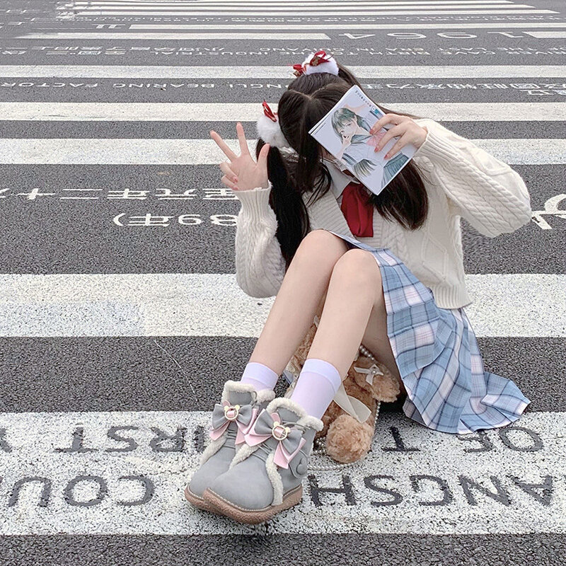 Lolita botas de neve inverno mais botas de veludo para mulher de sola grossa bonito doce estilo universitário sapatos uniformes japoneses botas femininas