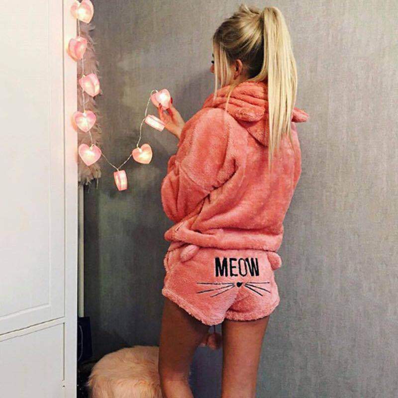 Plus Size Winter Thicken 5XL Two Pieces Set Family Sleepwear Hoodies Shorts Pants Women Pajamas with Cute Kitty Pattern