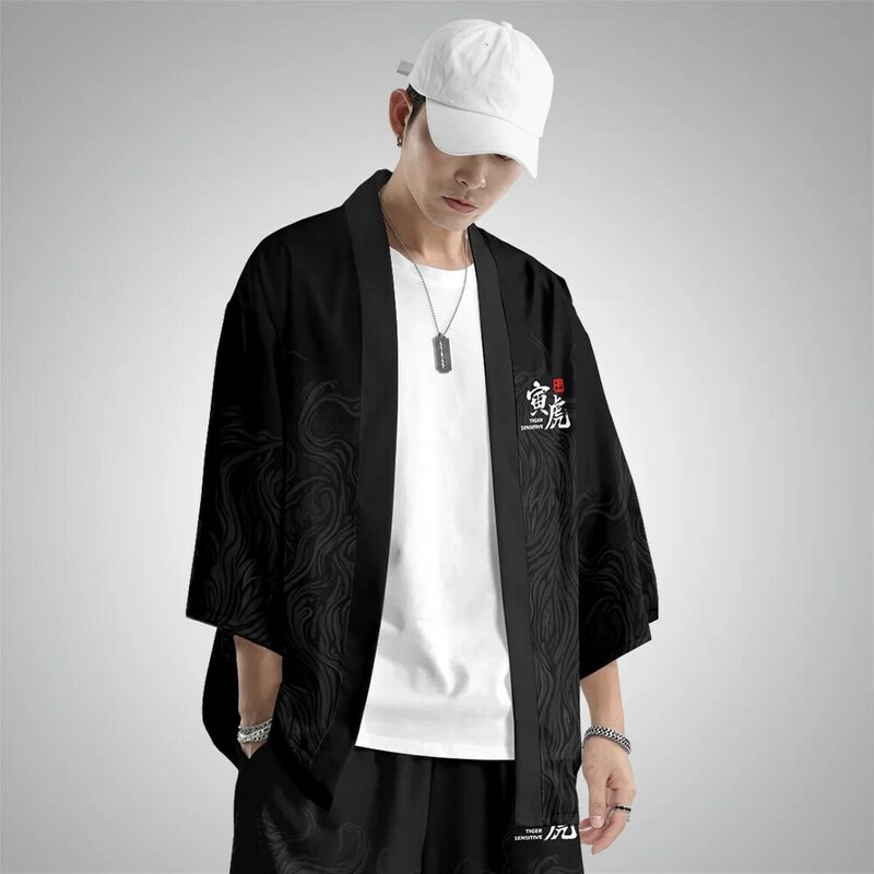 2021 일본식 기모노 카디건 & 바지 셔츠 남성용 블라우스 유카타 여름 해변 블랙 타이거 프린트 기모노