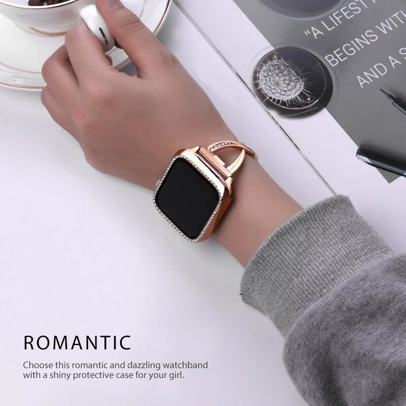 Correa de diamante + funda para Apple Watch, 40mm, 44mm, 38mm, 42mm, iWatch series 5 4 3 2 1, pulsera de acero inoxidable, correa de reloj para mujer