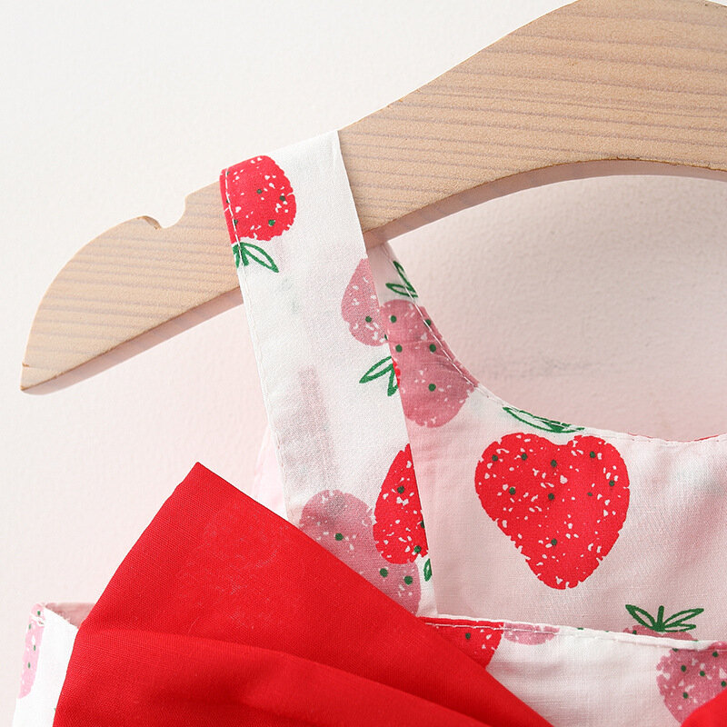 Vestido da menina do bebê 2021 novo verão roupas infantis arco fruta impressão vestidos com chapéu 2 pçs roupas da criança suspender trajes 6-24m
