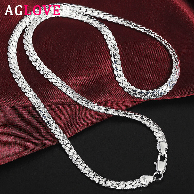 AGLOVER 925 Perak Murni 20 Inci 18K Emas 6Mm Kalung Rantai Menyamping Penuh untuk Wanita Pria Mode Perhiasan Kalung Hadiah