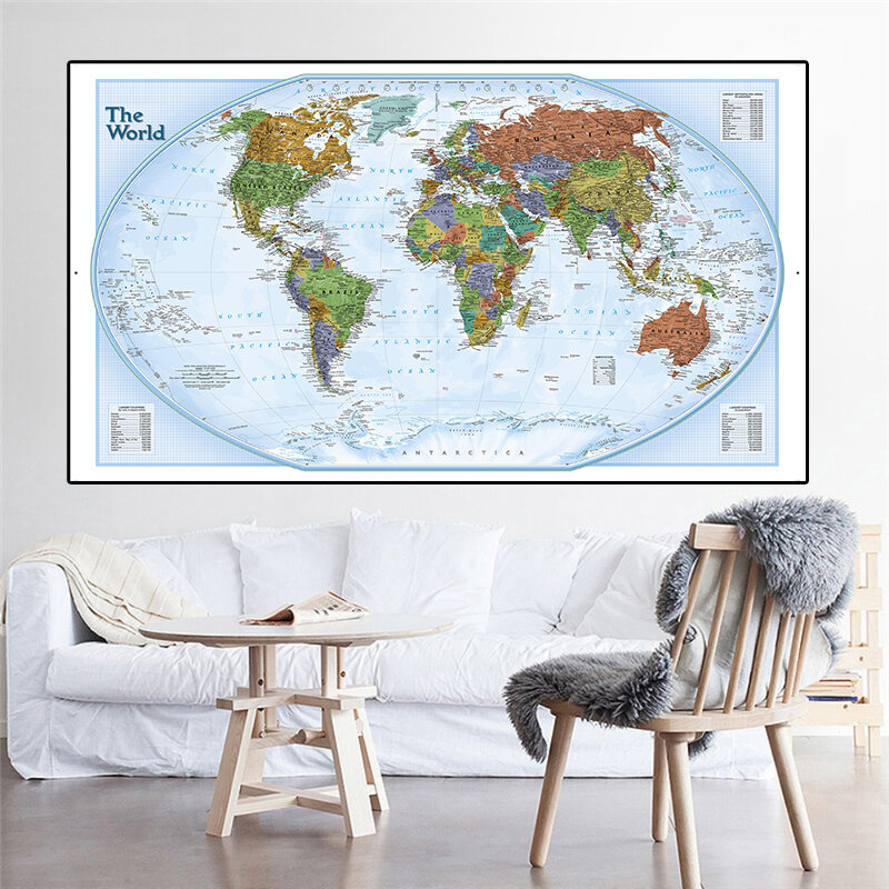 Peinture sur toile Non tissée la carte du monde avec pays et villes importantes, grand Poster de décoration pour la maison, fournitures scolaires, 225x150 cm