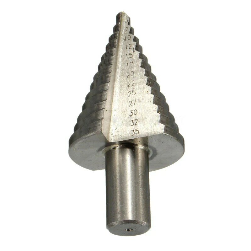Silver HSS 5-35mm Spiral Grooved Cone Step Drill Bit Hole Cutter Triangle Round Shank