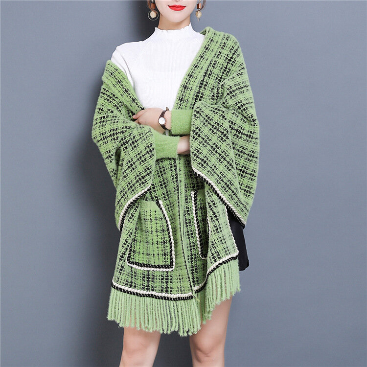 체크 무늬 드리 워진 니트 스웨터 판초 여성 긴팔 포켓 기질이 얇고 느슨한 스웨터 판초 페밀 봄 가을