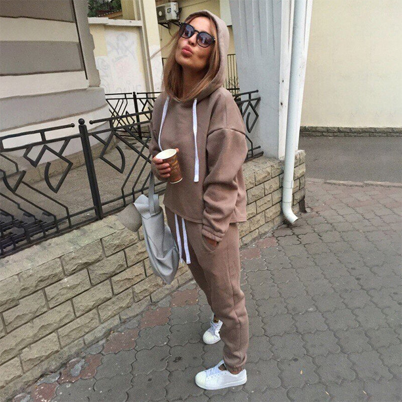 2 piece sets New fashion Casual suits autumn hooded pullover fleece & loose pants two-piece set women solid hoodies + trousers