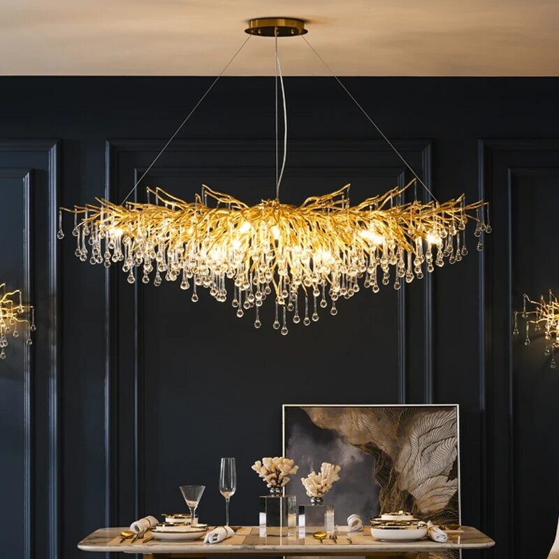 Lustre nórdico de luxo, luminária pendente estilo nórdico, dourada e cristal, candelabro grande, para decoração de sala de estar, saguão do hotel