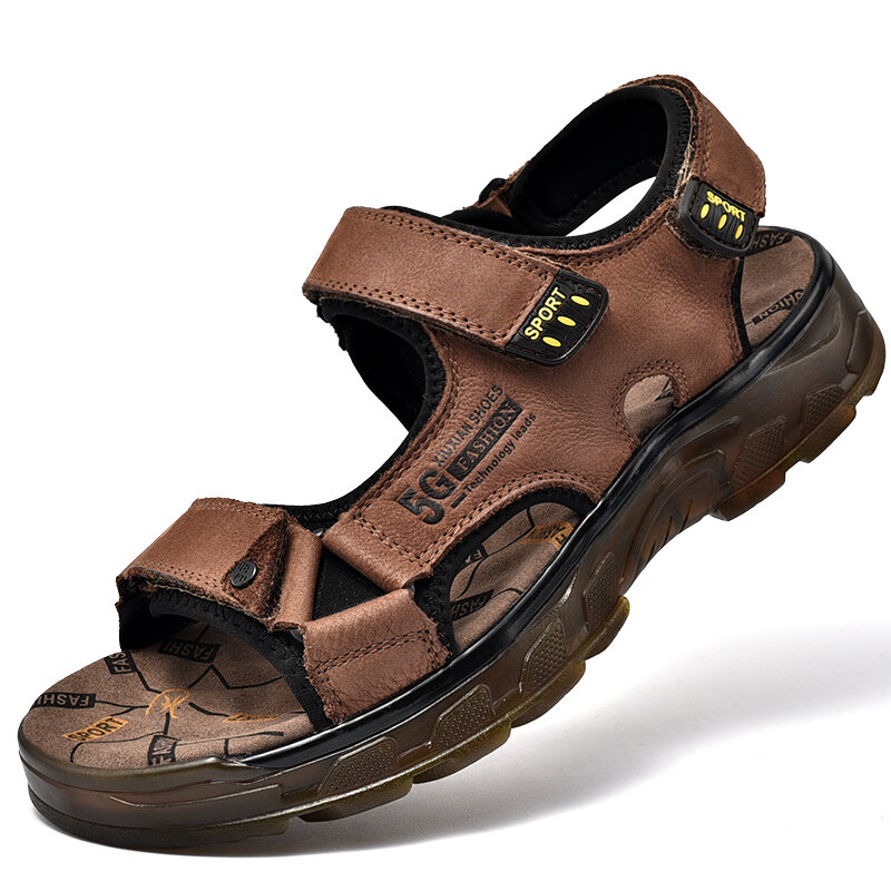 Auqa-zapatos de verano para hombre, sandalias de piel auténtica con punta abierta, antideslizantes, para playa y agua, para exteriores, 2021