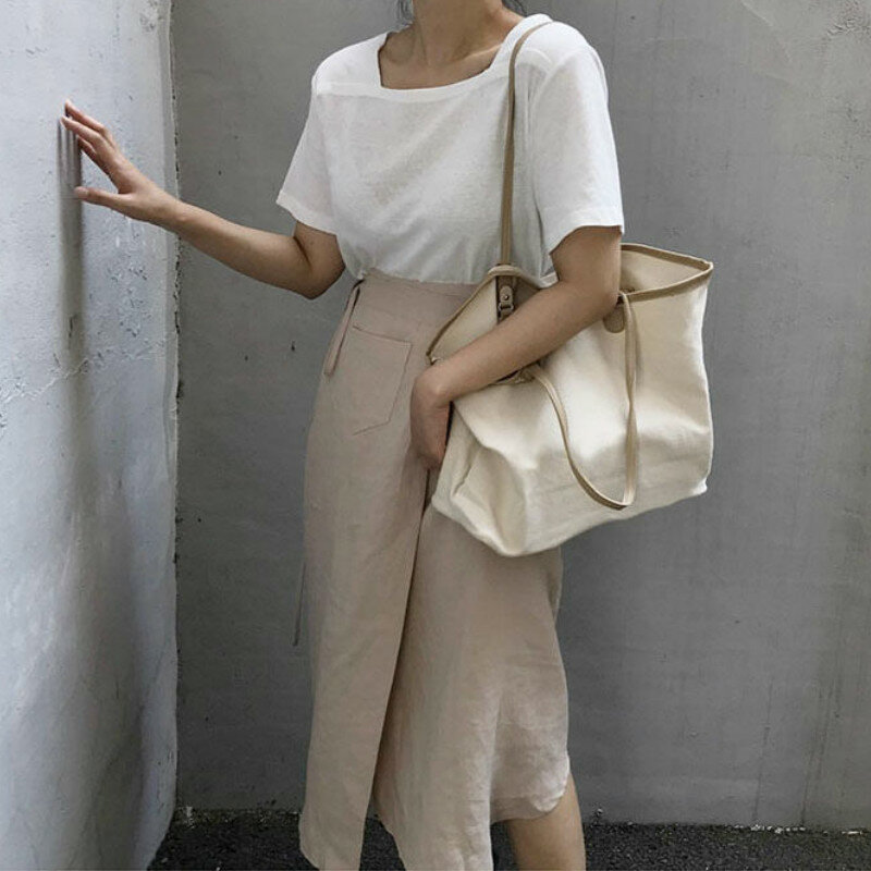 Einkaufstaschen Frauen Solide Einfache Leinwand Schulter Taschen Elegante Retro Große-kapazität Wiederverwendbare Handtaschen Mode Ulzzang Freizeit Ins