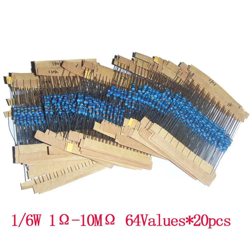 Набор металлических пленочных резисторов 1280 шт./лот, 1/4 Вт, 64 значения, 1 Ом-10 МОм, резисторы, набор в ассортименте, резистор 470/1K/10K/100K/220K Ом