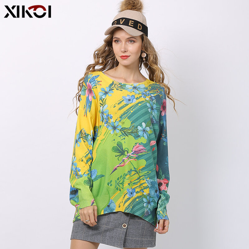 XIKOI-suéter con estampado de flores para mujer, jerseys de punto con cuello redondo, suéteres cálidos de gran tamaño, de alta elasticidad, Invierno