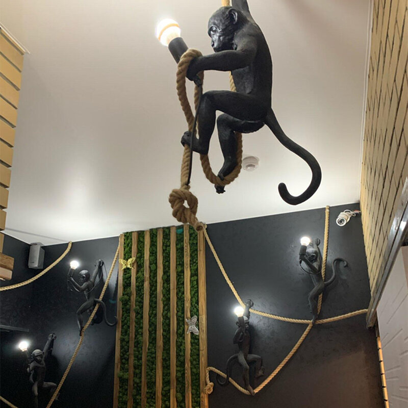 Lámpara colgante de resina con forma de mono para interior, color oro, blanco y negro, para salón, habitación, sala de estudio, luces LED con bombilla E27