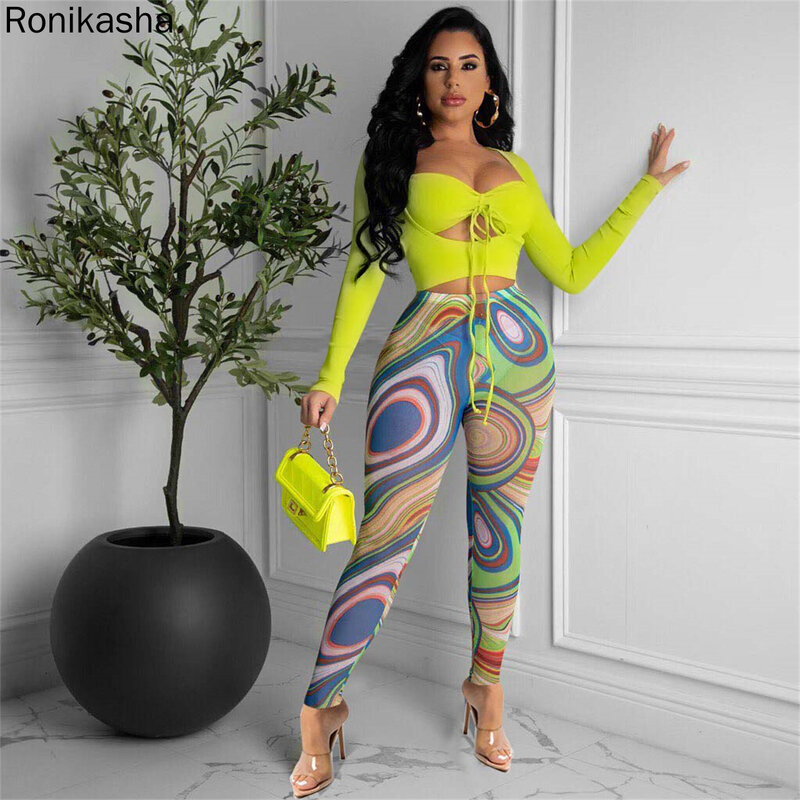 Ronikasha 여성 섹시 할로우 아웃 두 조각 세트 붕대 디자인 메쉬 바지 매칭 세트 탑 스키니 팬츠 Clubwear