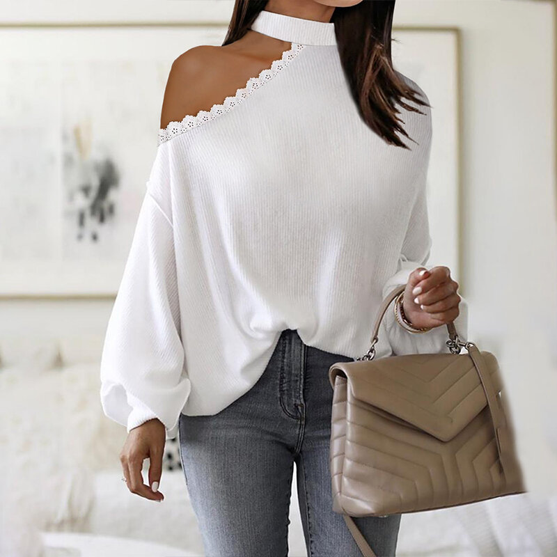 2021 mode Herbst Casual Frauen Langarm Weiß Pullover ColdShoulder Laterne Hülse Rippen Kontrast Spitze Pullover