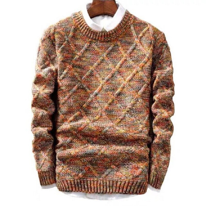 Suéter masculino de algodão, pulôveres casuais para outono e inverno, gola redonda, suéter grosso com jacquard quente