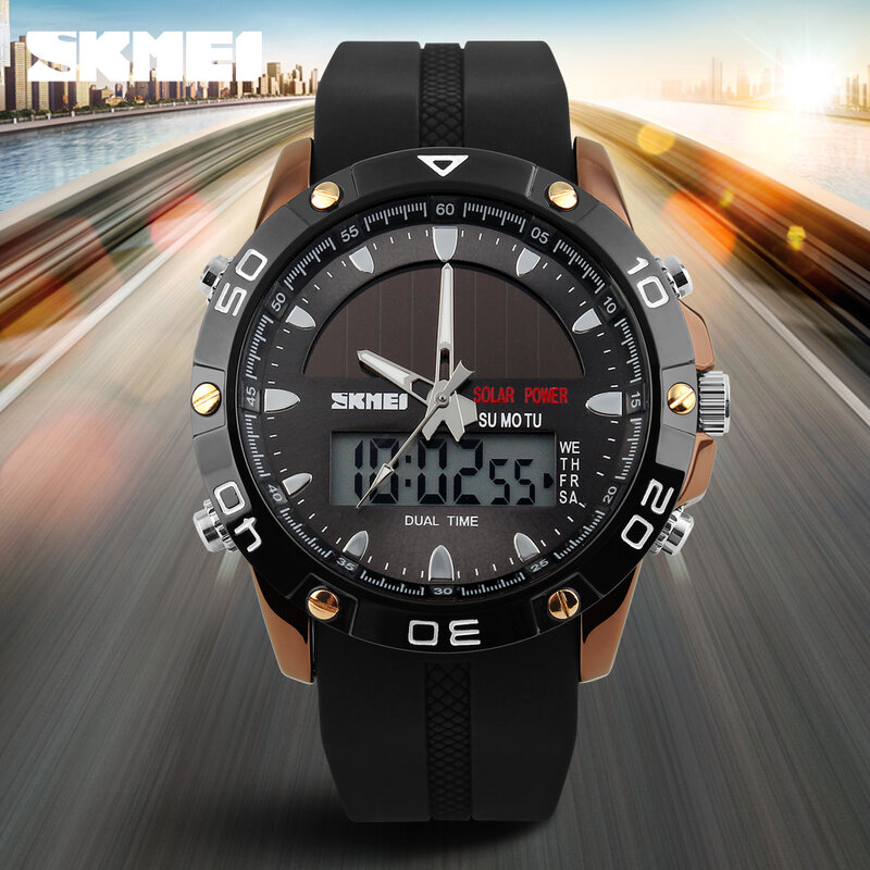 SKMEI Solar Dual Display Horloges Sport Horloge Chronograaf Alarm 50M Waterdicht Volledige Kalender Quartz Horloges 1064