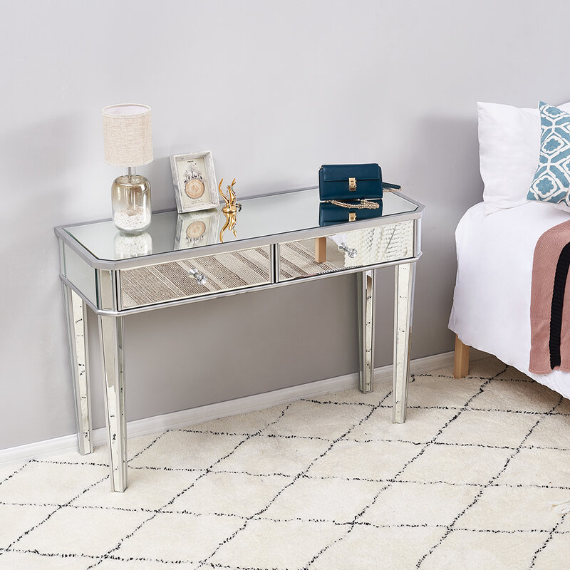 Panana High Quality Mirrored Entryway Console Glass Desk 2 Drawers Bedroom Dressing Table Livingroom Display Table