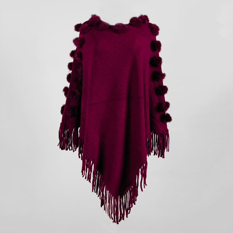 Poncho tricoté pour femmes, pull à la mode avec glands, manches chauve-souris décontractées, col en V, couleur unie, collection automne hiver 2021