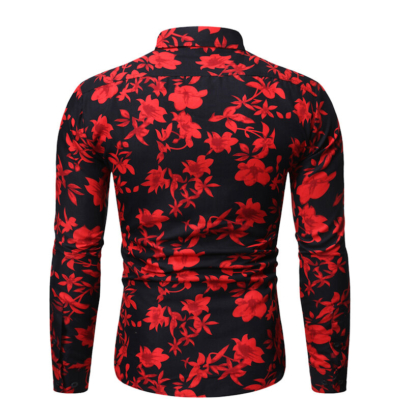 Heren Zwart Rood Bloemenprint Shirts 2021 Herfst Nieuwe Slim Fit Lange Mouw Overhemd Mannen Casual Hawaiian Shirt Camisas hombre Xxl