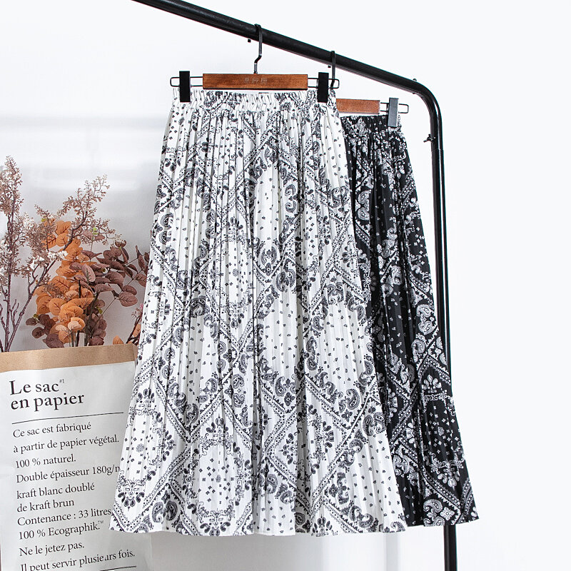 Croysier-Falda plisada de gasa para mujer, falda elástica de cintura alta, de verano, con estampado informal, longitud media pantorrilla, 2021