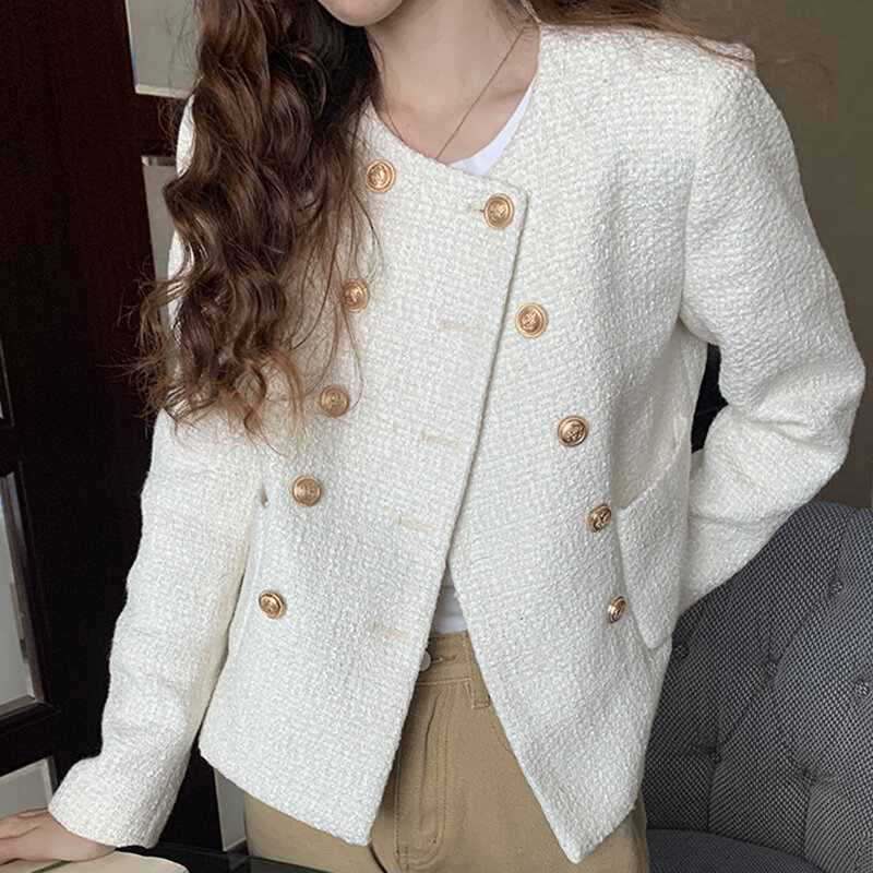 Chaqueta para mujer coreano Chic cuello redondo elegante doble Breasted suelto Casual chaqueta manga larga Tweed abrigo corto las mujeres