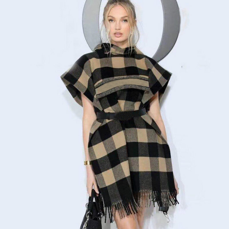 2021 design de luxo cor contraste xadrez moda feminina sem mangas com capuz temperamento superior fino franjas cabo longo casaco