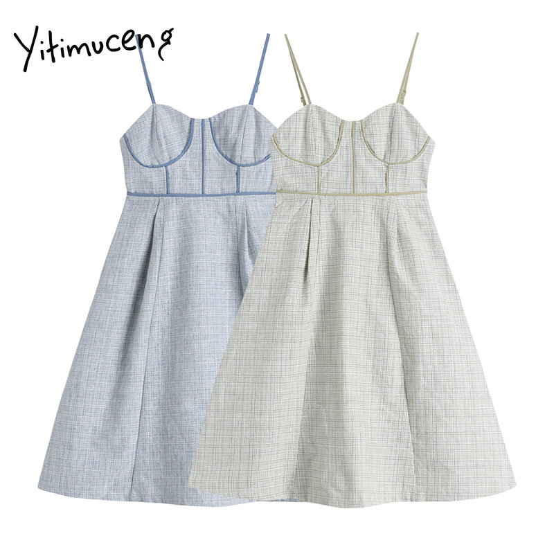 Yitimuceng xadrez vestidos de cinta de espaguete feminino verão zíper de cintura alta a linha com decote em v verde azul 2021 moda novo mini vestido de verão
