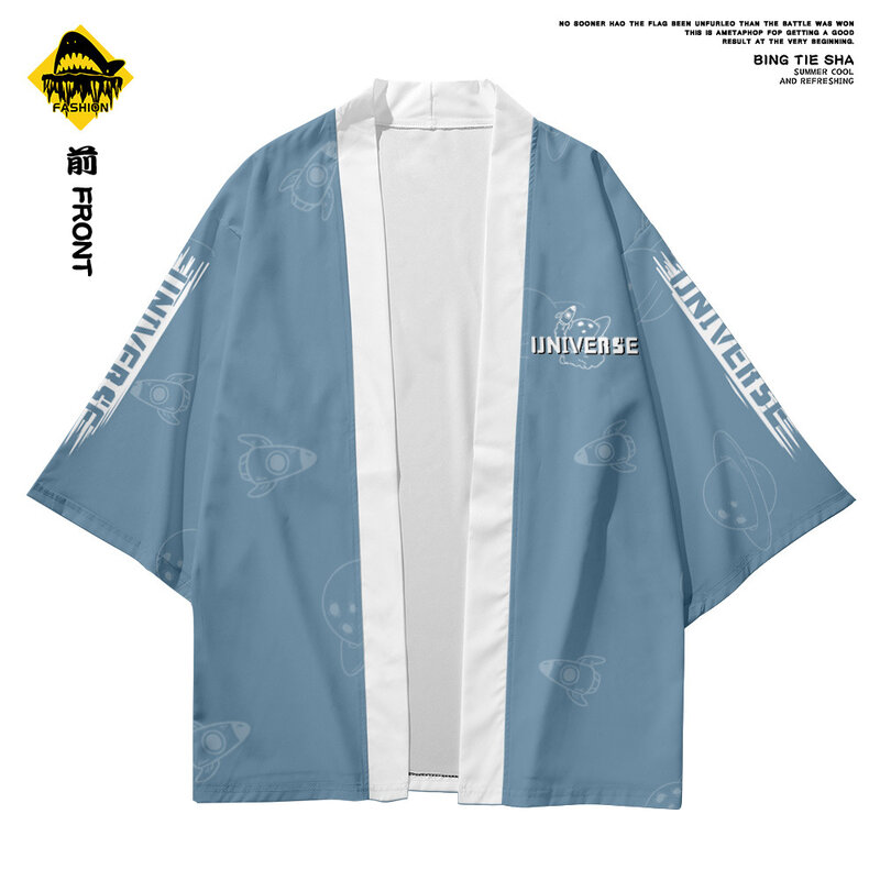 Moda masculina astronauta impressão harajuku japonês quimono e calça cardigan blusa haori obi roupa asiática samurai