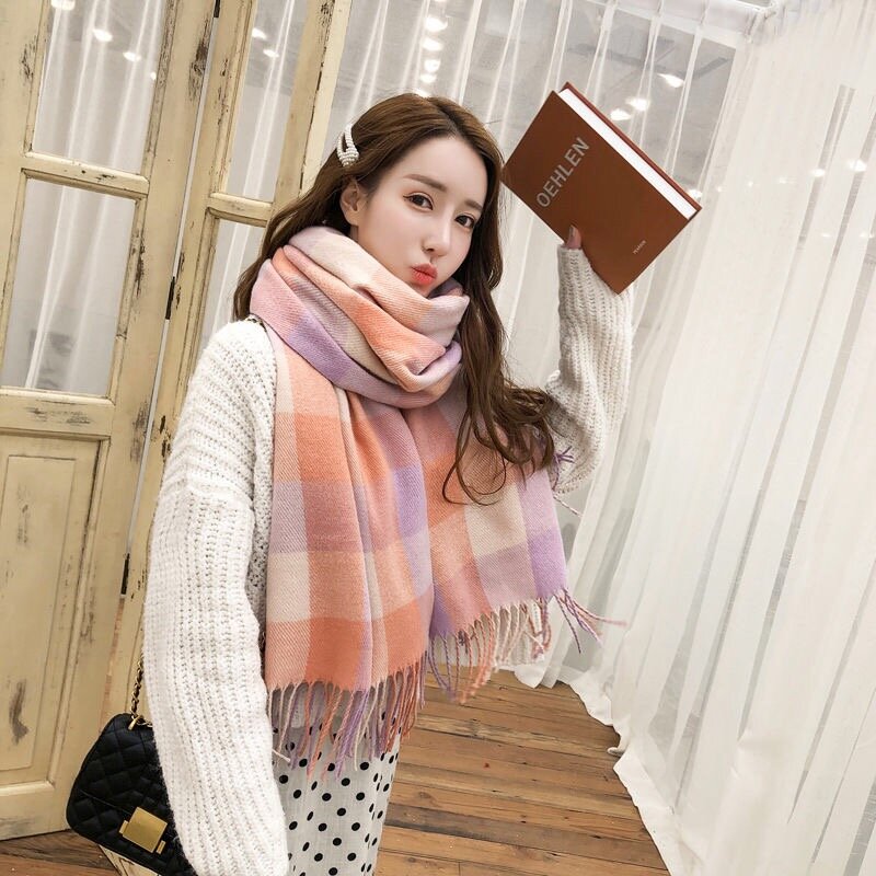 Женский клетчатый шарф, длинный утепленный шарф из искусственного кашемира в японском стиле, Корейская версия, Осень-зима