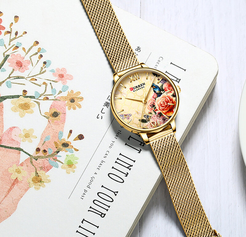 CURREN moda reloj de cuarzo Casual creativa elegante señoras Reloj clásico de las mujeres reloj Japón movimiento de reloj para chica de oro