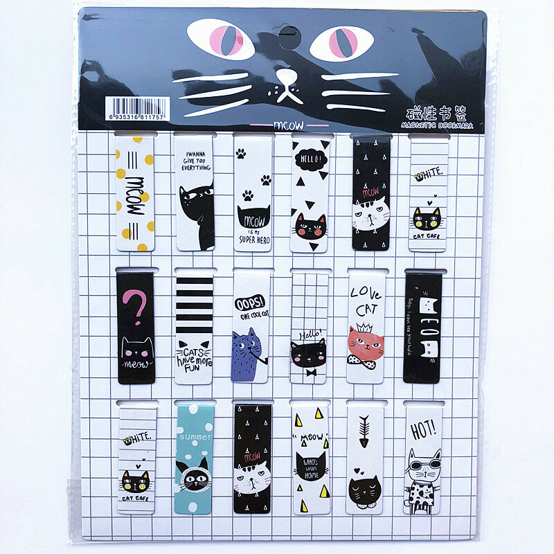 Marque-pages magnétiques avec motif chat, cœur et animaux, 18 pièces/lot, accessoires mignons pour livres, cadeau pour enfant