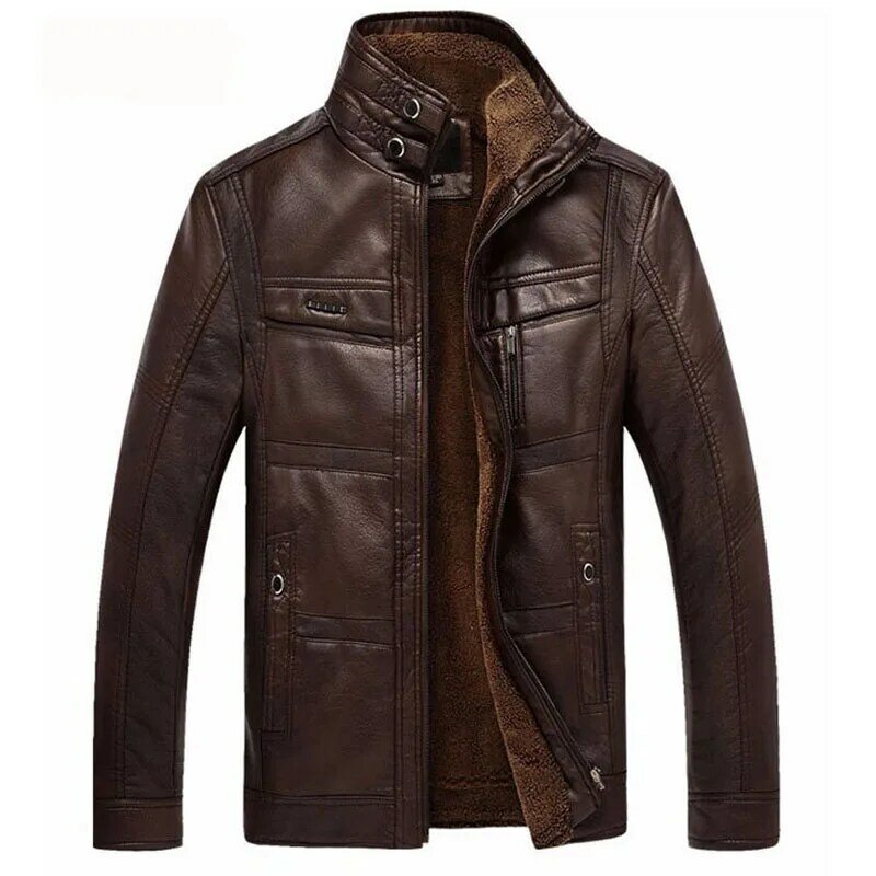 男性用レザージャケット,高品質の無地,スタンドカラー,革製フリース,暖かさ,3色,新しい冬服2021