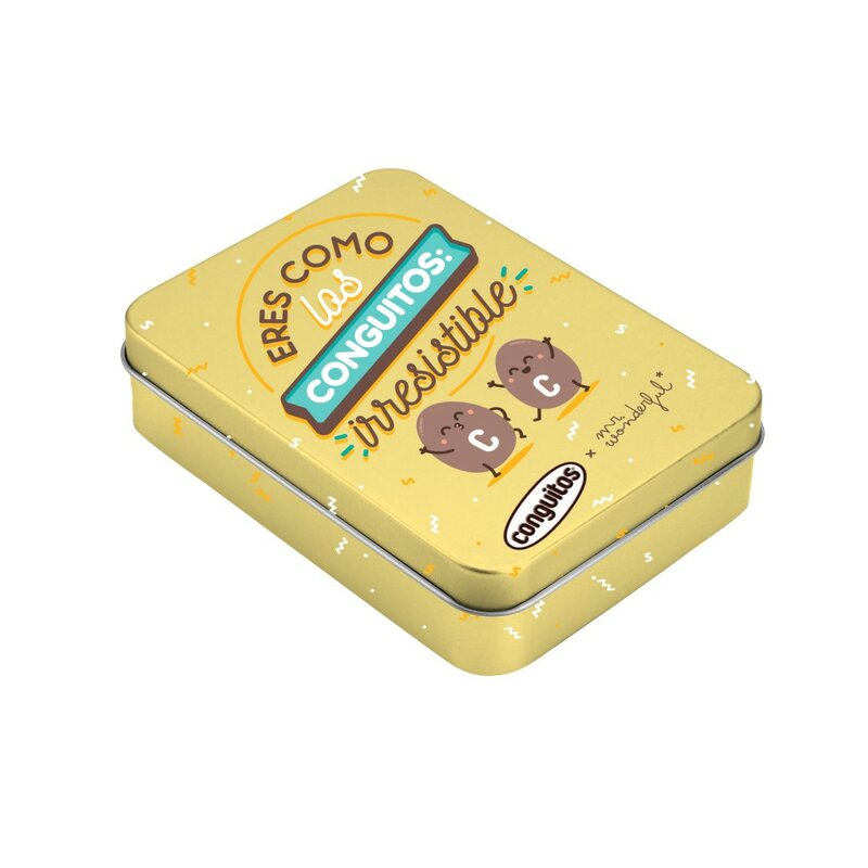Conguitos Mr. Wonderful Lata color amarillo con 18 gramos de deliciosos cacahuetes bañados en chocolate negro