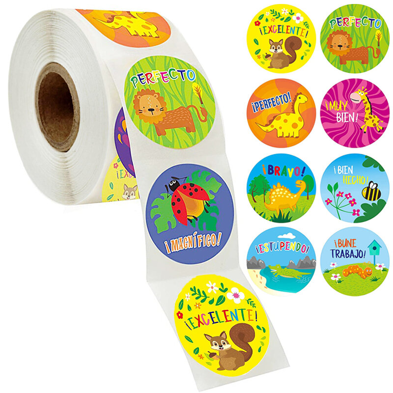 500pcs cute animals spanish reward stickers for teacher students encouragement words sticker kids motivational cartoon stickers