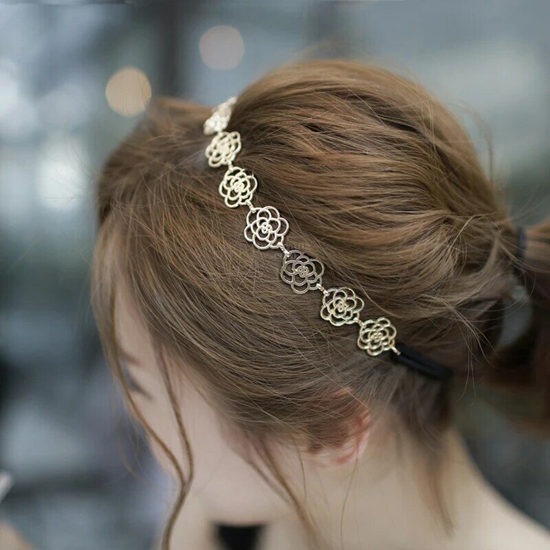 Banda elástica para el pelo para mujer y niña, accesorios de diadema con diseño de rosa dorada