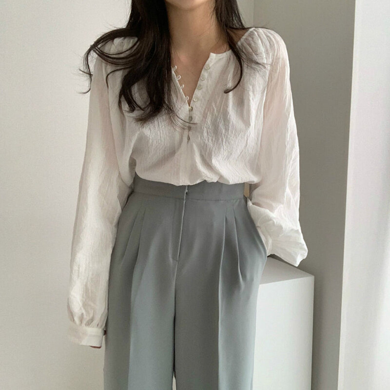 Coreano Chic verano cuello redondo carcasa delgada camisa transpirable suelto y camisa de manga larga