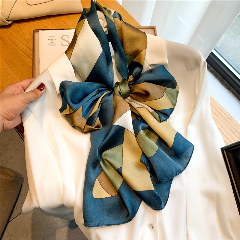 Luxo cetim seda lenço magro para mulheres design pescoço gravata wirst mão saco envolve xales senhoras bandana bandana foulard 2021 novo