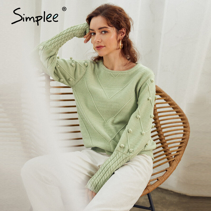 Simplee suéter pompom de pele elegante, pulôver verde outono inverno manga lanterna suéter de malha feminino moda de rua 2020