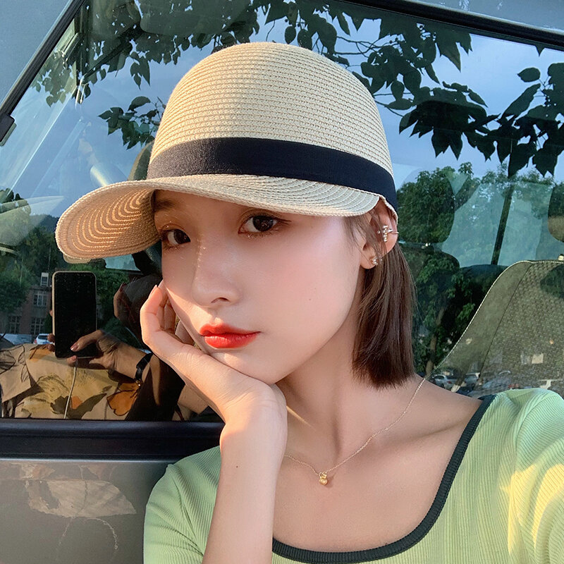 Chapéu de palha feminino praia sol proteção à prova de sol tecido boné de pico ins na moda verão chapéu fino estilo coreano na moda all-match