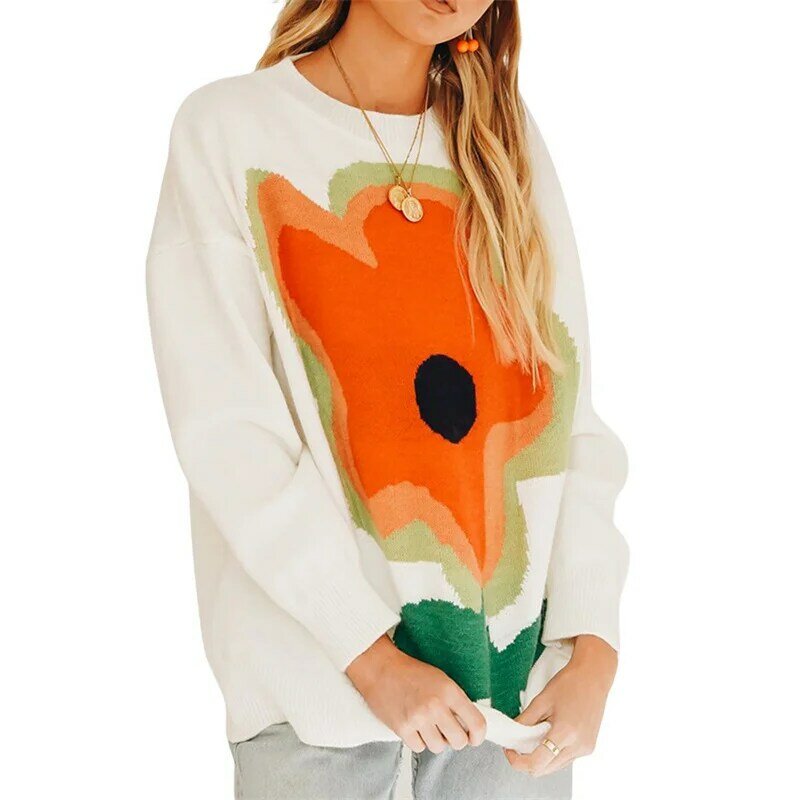 Suéter de bloque de Color para mujer, jersey de manga larga de cuello redondo con patrón de flores sueltas, Otoño/Invierno, novedad de 2021
