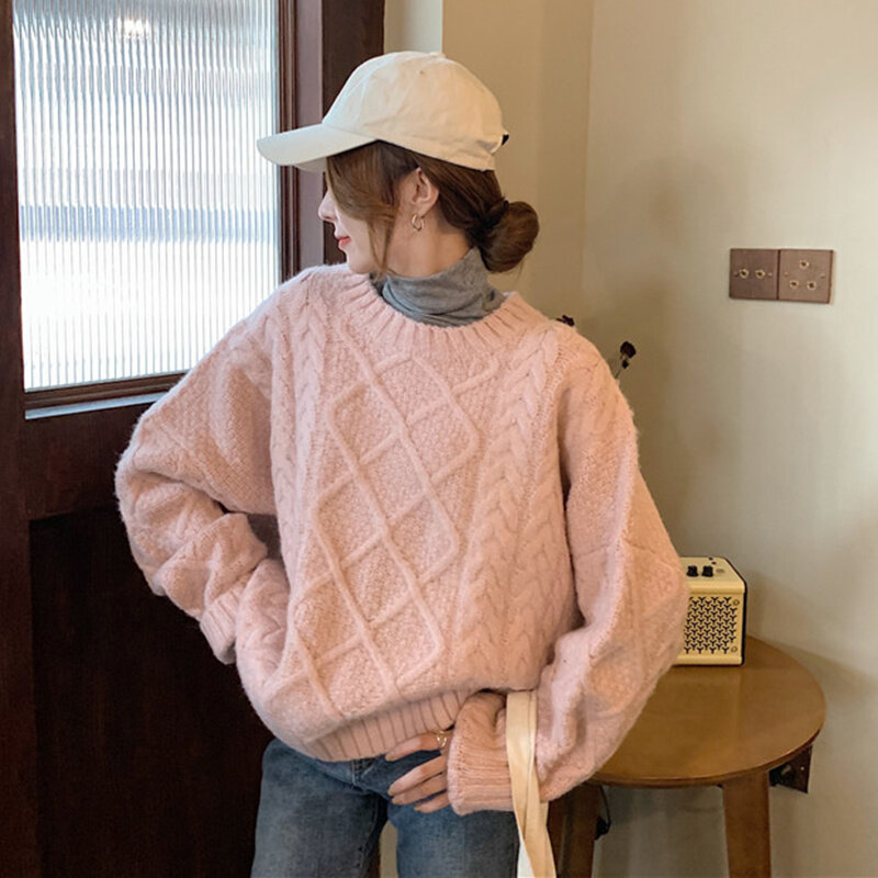 Knitted Sweater 2021 New Loose Long Sleeve Pullover Solid Color Versatile Round Neck Twist Knitted Sweater Top Women's Wear