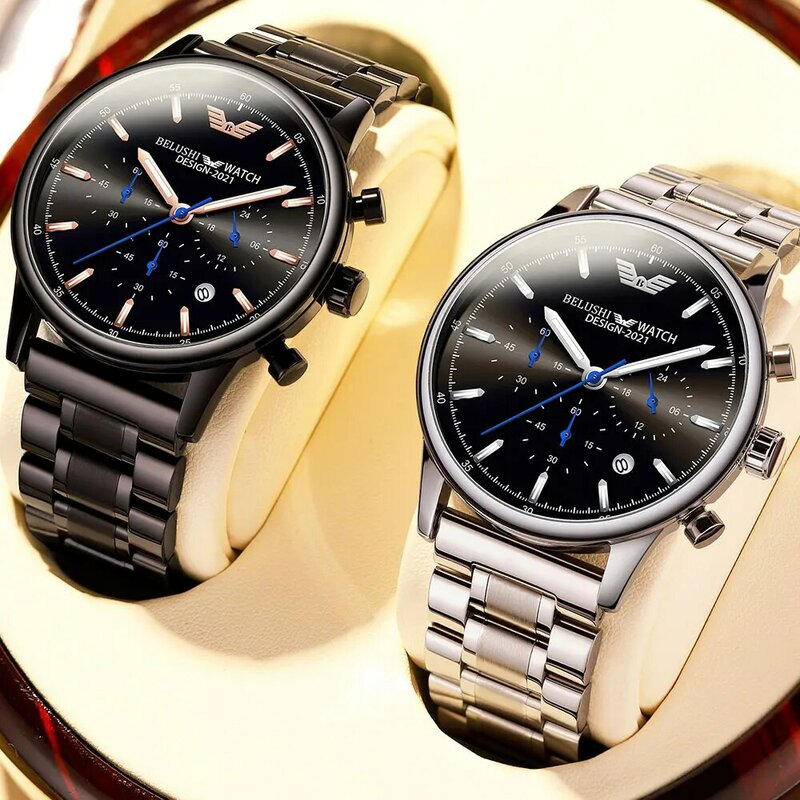 Belushi-reloj analógico de acero inoxidable para hombre, accesorio de pulsera de cuarzo resistente al agua con cronógrafo, complemento masculino de marca de lujo con diseño militar, 2021