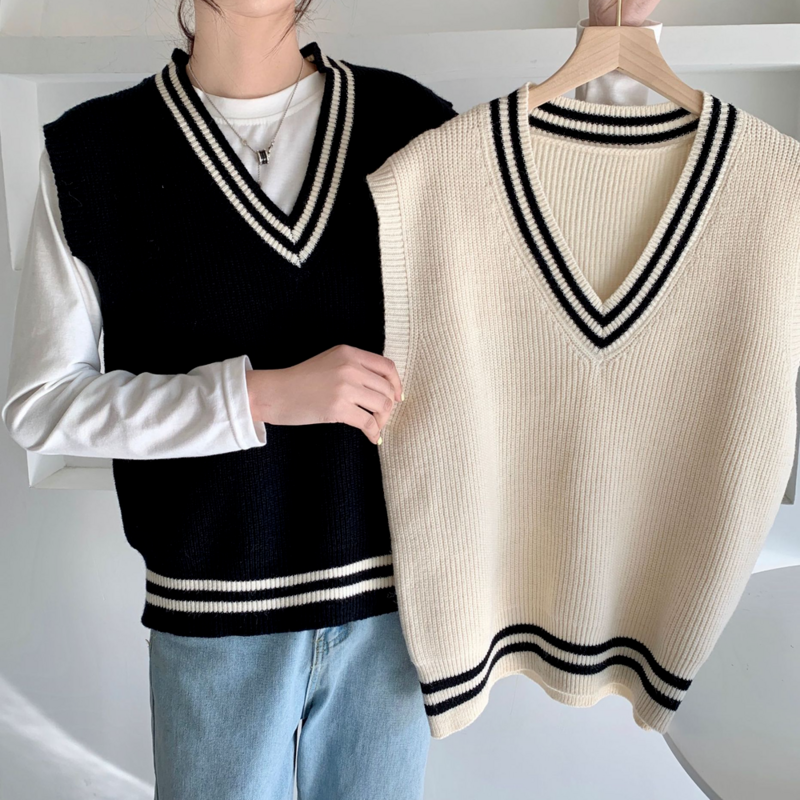 BEAUTANA maglione gilet 2021 autunno scollo a V a righe Pullover Oversize maglione allentato maglione moda maglieria filato canotta a costine