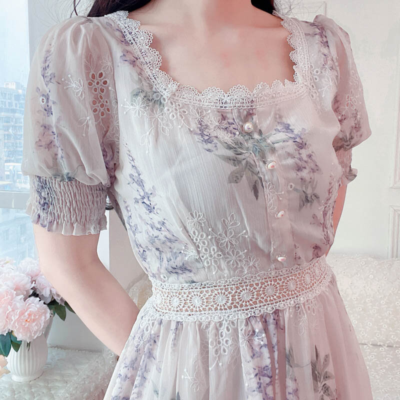 Literatura coreana e arte vintage elegante vestidos chique feminino casual renda vazada design floral vestidos verão colarinho quadrado 2021