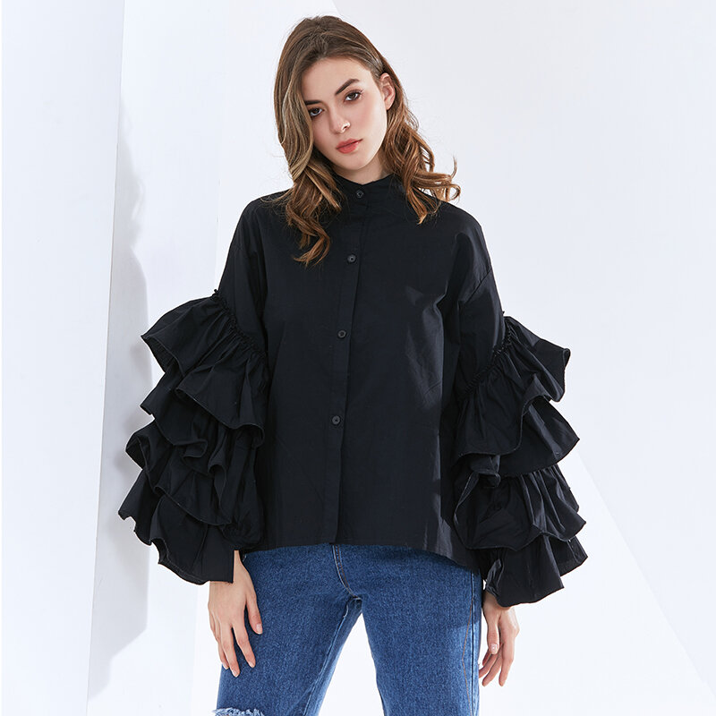 Twotwinstyle Geweven Shirts Voor Vrouwen Stand Kraag Lantaarn Lange Mouw Patchwork Ruches Designer Casual Blouses Vrouw 2022 Stijl