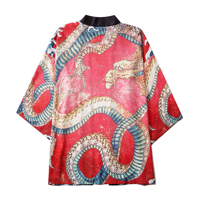 แบบดั้งเดิม Yukata กิโมโนญี่ปุ่นผู้หญิงผู้ชายมังกรพิมพ์เสื้อสเวตเตอร์ถัก Kimono ฤดูร้อนชายหาดบาง...