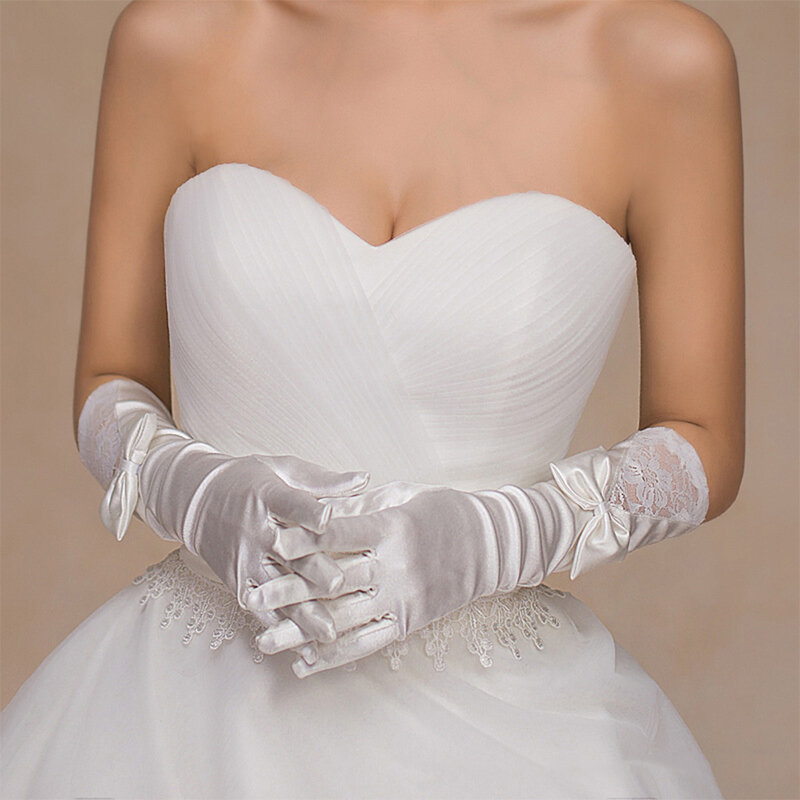 Guantes de novia de satén mate MOLANS, accesorio nupcial de encaje corto, marfil, longitud de muñeca, guante de boda