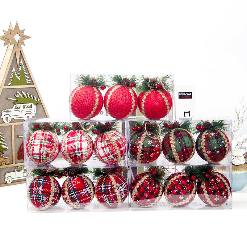 3Pcs PVC Red Plaid Painted Xmas Tree Balls Christmas Tree Hanging Ornament Holiday Party Christmas Gift Pendant Decor For Home